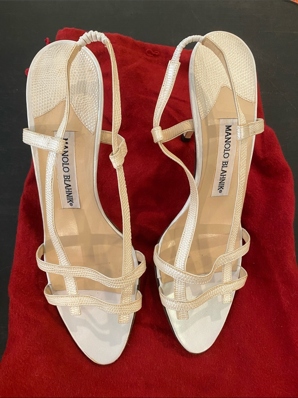 Manolo Blahnik Ivory Strappy Slingback Heels